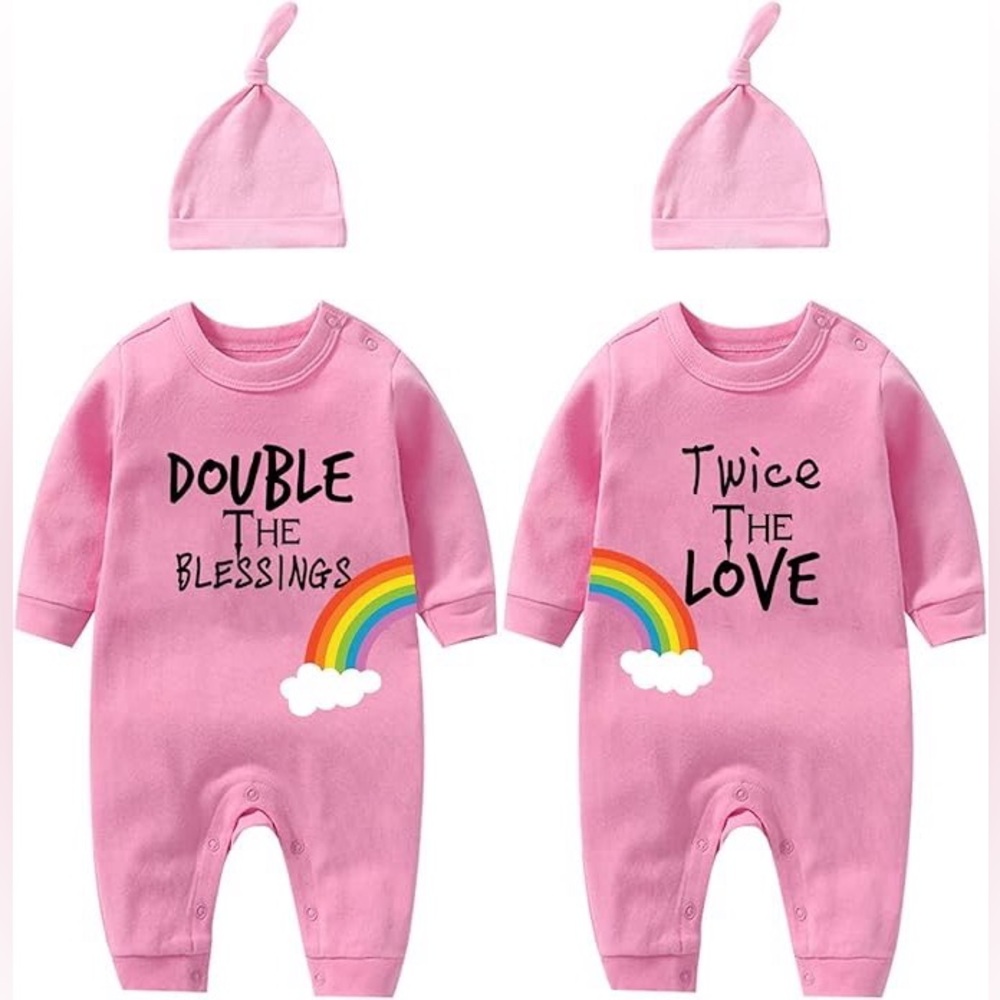 Baby Twins One Piece Set with Rainbow Design and matching knotted hat